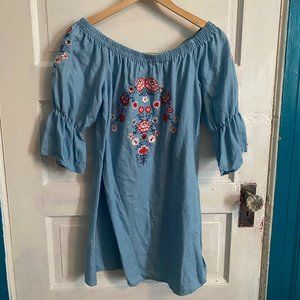 Floral Detailing Blue Off-the-Shoulder Dress